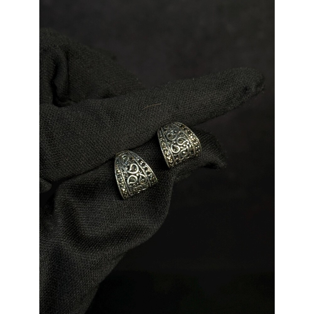 Ornate Marcasite Sterling Silver Hoop Stud Earrings